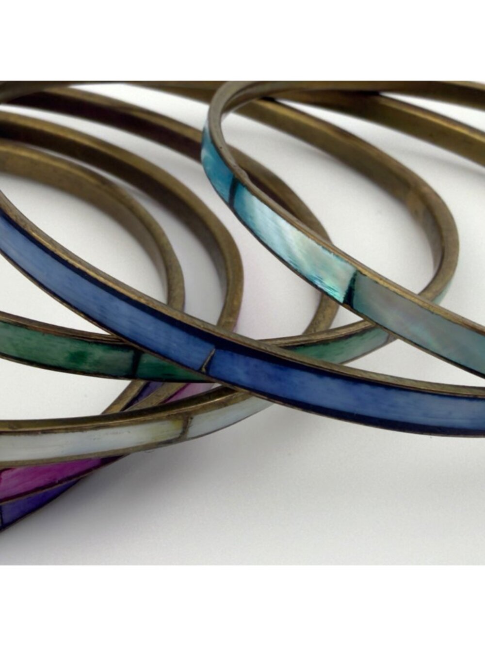 Vintage Mother Of Pearl Inlay Brass Bangle Set of 6 Pink Purple Blue Green Aqua - Picture 7 of 11